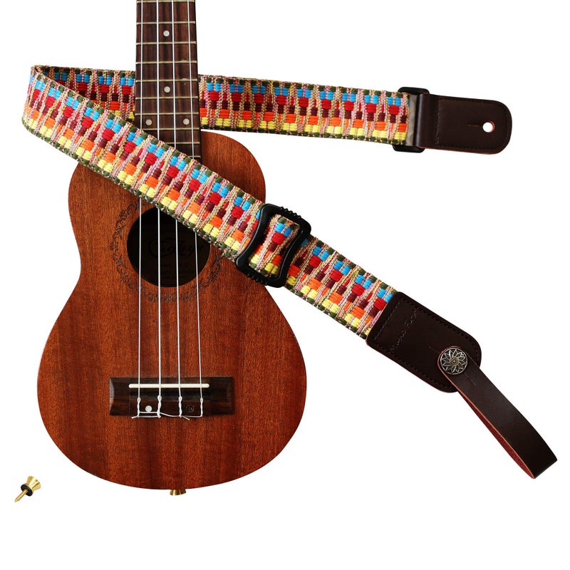 MUSIC FIRST Hawaii Woven Rainbow Adjustable Meshbelt & Genuine Leather Ukulele Strap Shoulder Strap version 2.0 With a Genuine Leather Strap Locker - Image 1